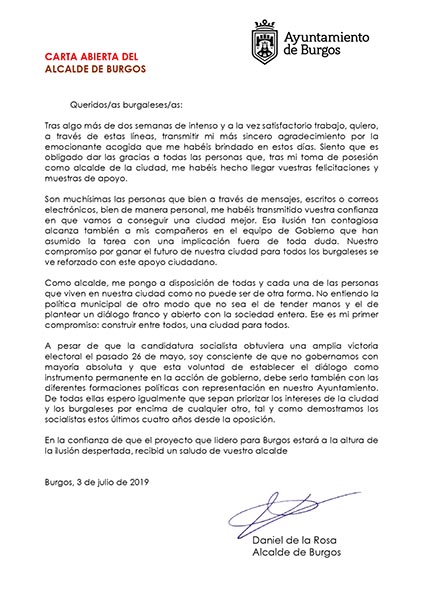 Carta Abierta del Alcalde de Burgos, Daniel de la Rosa, a los burgaleses/as